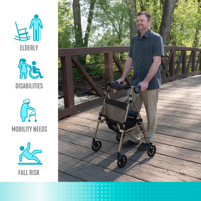 A man uses the Signature Life Elite Travel Rollator on a wooden bridge outdoors. To the left, icons read: Elderly, Disabilities, Mobility Needs, and Fall Risk. Trees and a stream are visible in the background.