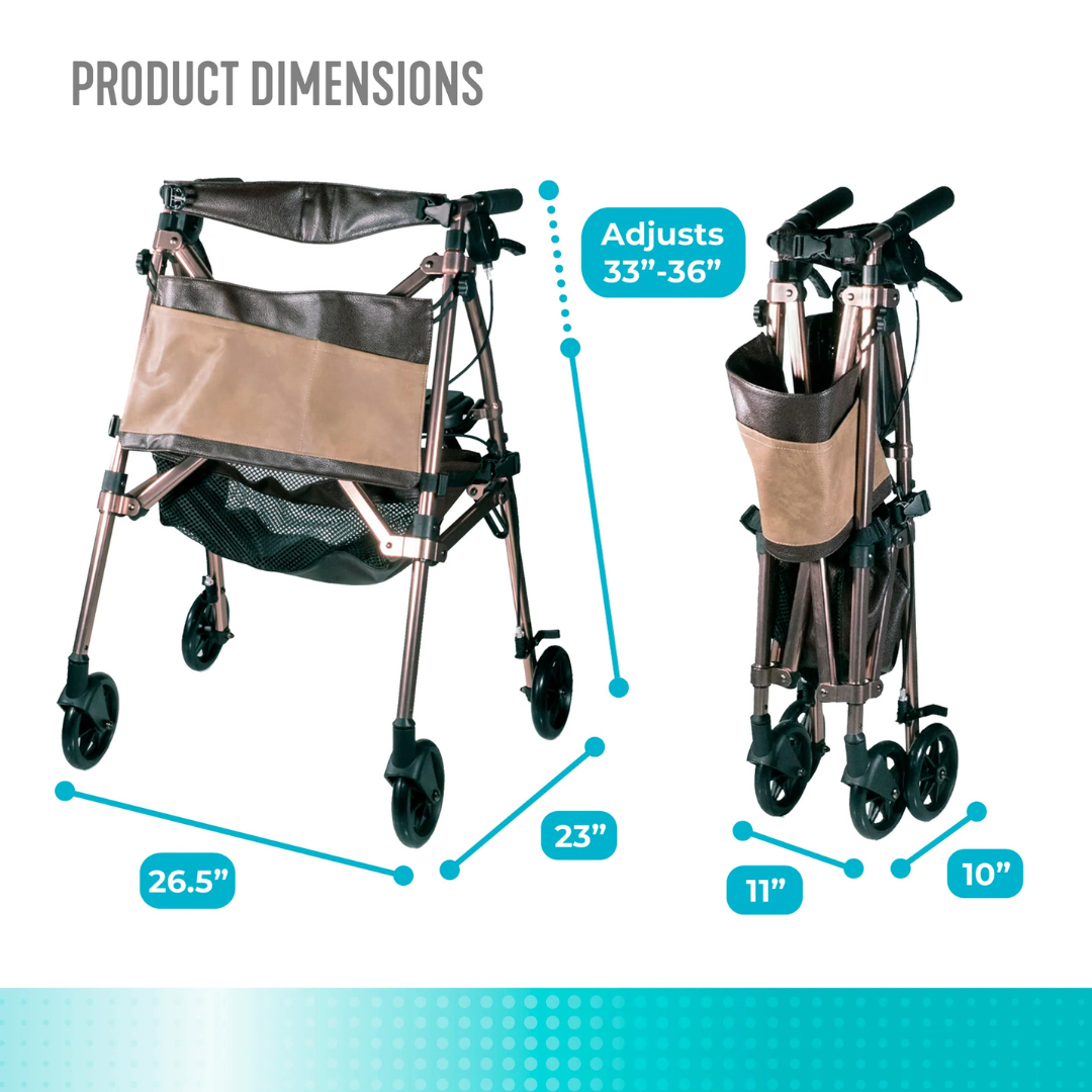 The Signature Life Elite Travel Rollator features a storage pouch and is shown both open (26.5"W x 33-36"H adjustable x 23"D) and folded (11"W x 36"H x 10"D) for easy transport and storage.