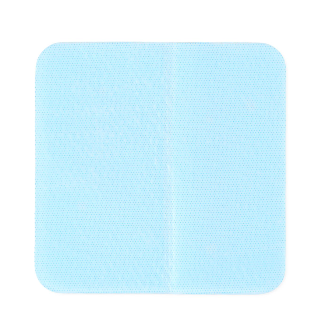 A square, light blue adhesive bandage with rounded corners and subtle texture sits on a white background, resembling a Medline Skintegrity Hydrogel Wound Dressing, 4" x 4", designed for advanced wound care.