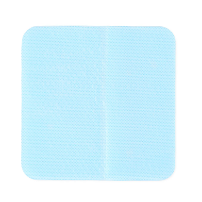A square, light blue adhesive bandage with rounded corners and subtle texture sits on a white background, resembling a Medline Skintegrity Hydrogel Wound Dressing, 4" x 4", designed for advanced wound care.