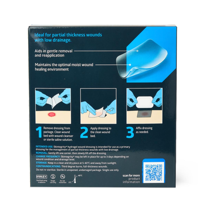 The image shows the back of a Medline Skintegrity Hydrogel Wound Dressings - 4" x 4" box with application instructions, step-by-step illustrations, highlighted product benefits, and a QR code for more information.