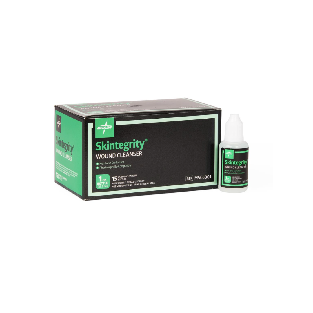 A box and bottle of Medline Skintegrity Wound Cleansers, a hypochlorite solution for wound care, are displayed on a white background. The black and green packaging clearly shows the product information.