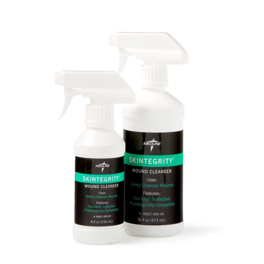 Two white spray bottles of Medline Skintegrity Wound Cleansers (8 oz and 16 oz), with green and black labels, stand upright against a white background—ideal for effective wound care.