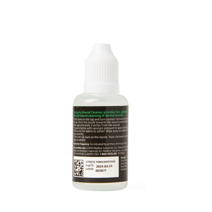 A small clear plastic bottle with a white nozzle cap contains Medline Skintegrity Wound Cleansers for wound care. The label shows product details, use directions, barcode, QR code, and an expiration date of 2024-03-31.