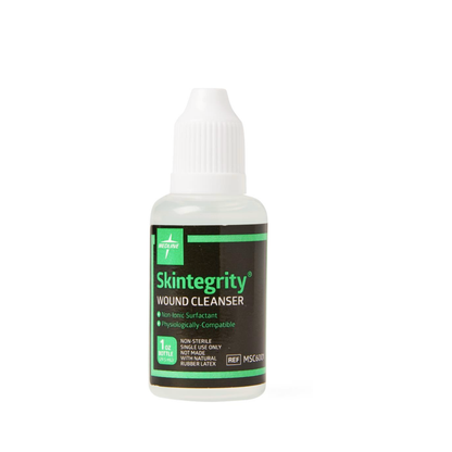 A small plastic bottle of Medline Skintegrity Wound Cleanser with a white cap and green-and-black label, featuring product details—ideal for wound care and trusted among wound cleansers.