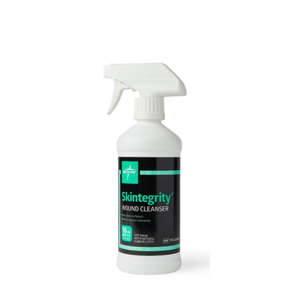 A white spray bottle labeled Medline Skintegrity Wound Cleansers, with a green cross logo and sleek design. This 16 oz (473 mL) solution offers effective wound care as part of the trusted Medline Skintegrity line.
