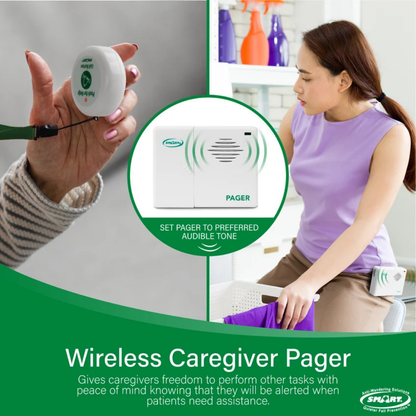 A woman places a SmartCaregiver Call Button with Standalone Pager on a chair. An inset shows a close-up of the pager device emitting sound waves, with text highlighting its purpose for providing assistance by alerting caregivers when patients press the call buttons to request help.