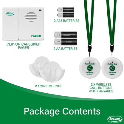 The SmartCaregiver Call Buttons with Standalone Pager package includes a clip-on caregiver pager, two round wireless call buttons with green lanyards for convenient assistance, two wall mounts, as well as two AA and two AAA batteries—presented on a white and green background.