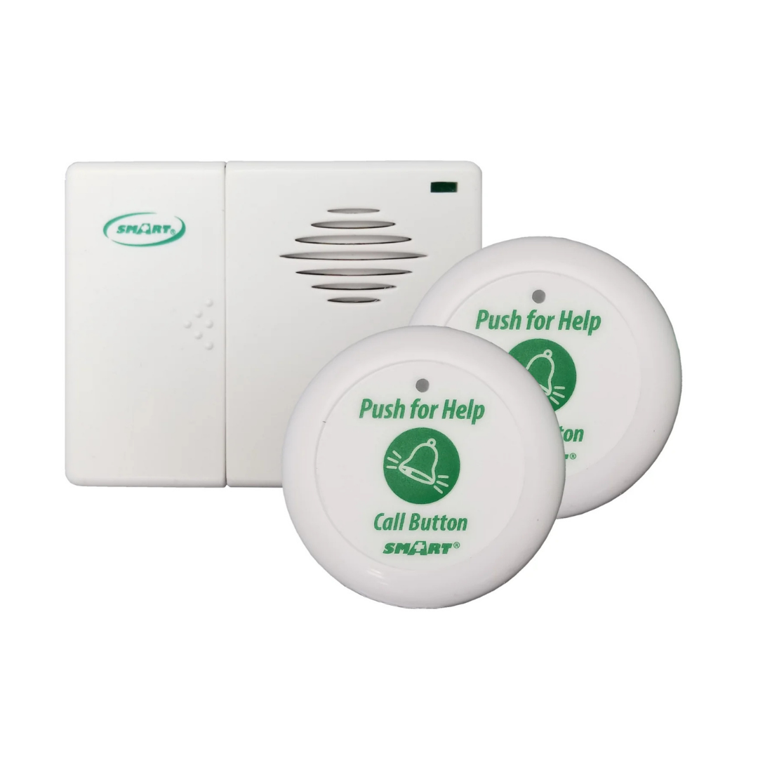 The SmartCaregiver Call Buttons with Standalone Pager includes a white emergency alert system receiver featuring a built-in speaker, along with two round white call buttons labeled in green text as “Push for Help” and “Call Button,” each marked with a bell icon. This caregiver pager system provides dependable assistance at the press of a button.