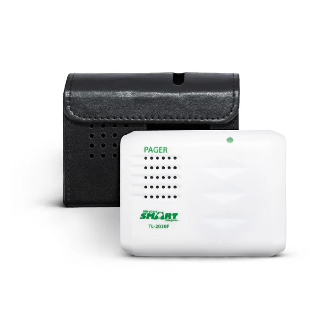 A white rectangular pager labeled SmartCaregiver Pager Bed/Chair Exit Alert & Systems, part of the Wireless Bed Exit Alert System by SmartCaregiver, sits in front of a black carrying case with a flap and perforations—ideal for use as a discreet bed alarm.