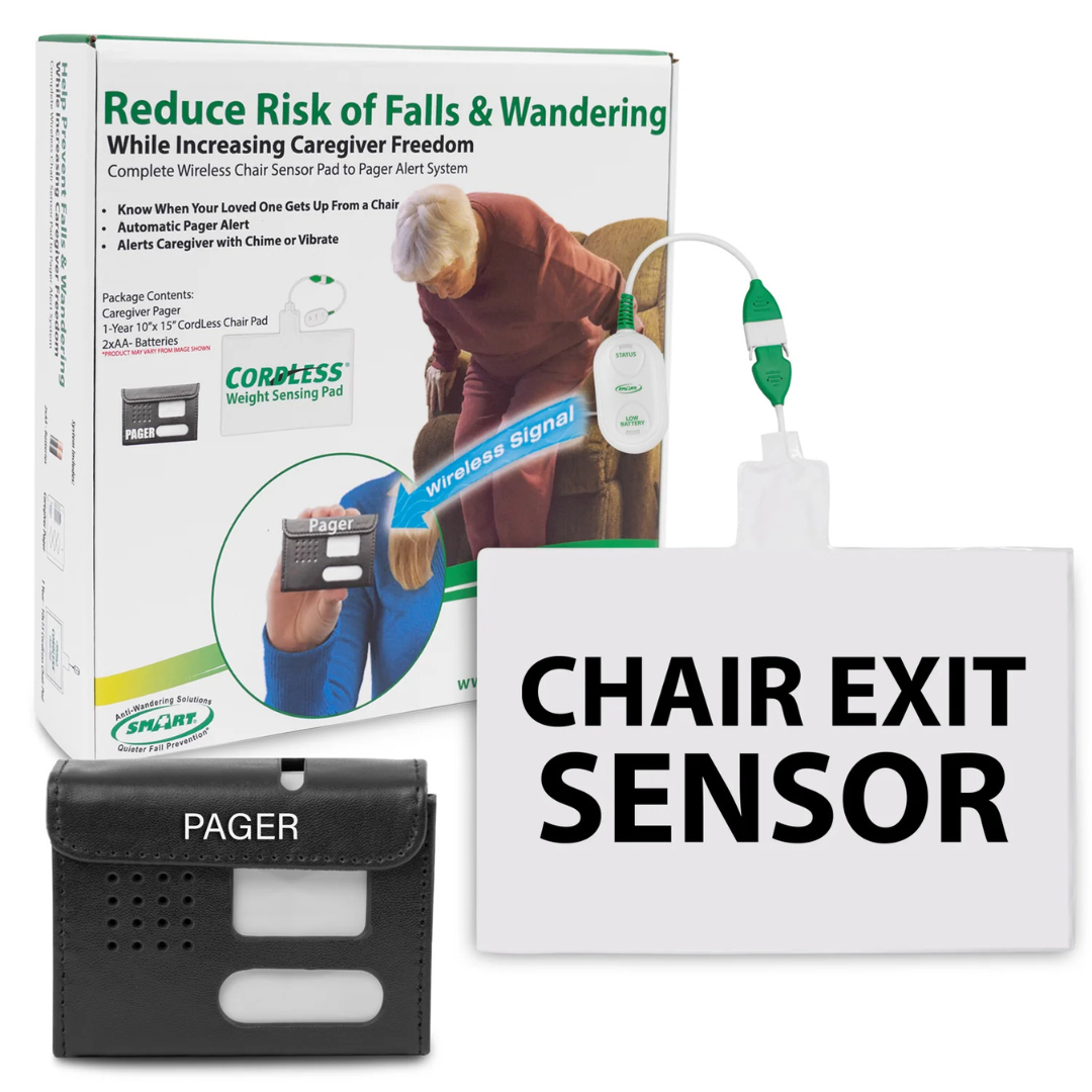 SmartCaregiver Pager Bed/Chair Exit Alert & Systems includes a weight sensing pad, pager, and product box depicting an elderly woman with a caregiver. Text emphasizes how the Wireless Bed Exit Alert System helps minimize fall and wandering risks.