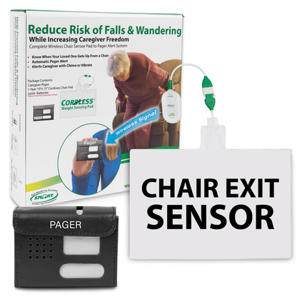 SmartCaregiver Pager Bed/Chair Exit Alert & Systems includes a weight sensing pad, pager, and product box depicting an elderly woman with a caregiver. Text emphasizes how the Wireless Bed Exit Alert System helps minimize fall and wandering risks.