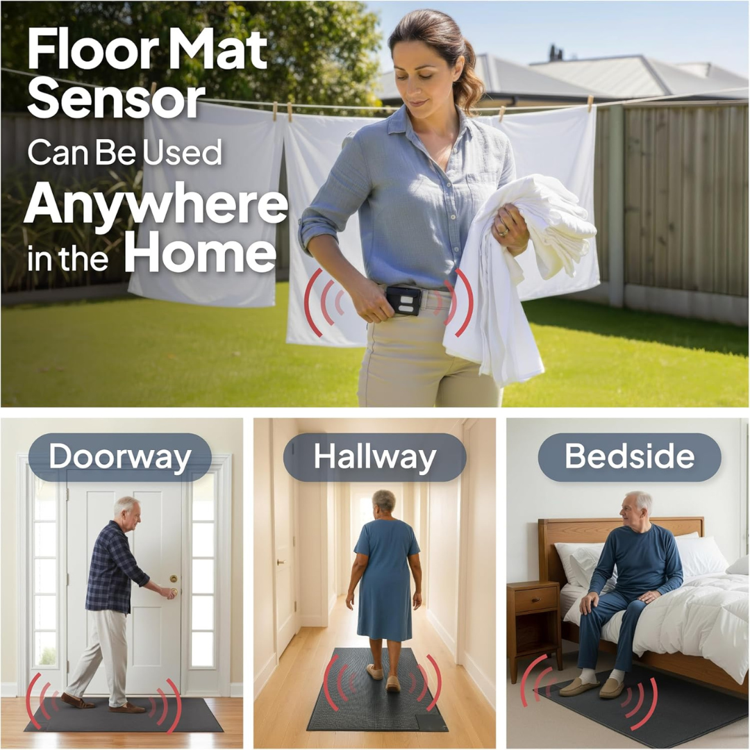 Women doing laundry outdoors and seniors in three different settings—doorway, hallway, and bedside—demonstrate the use of the SmartCaregiver Pager Bed/Chair Exit Alert & Systems in various locations throughout the home, with red lines indicating when the sensor is activated.