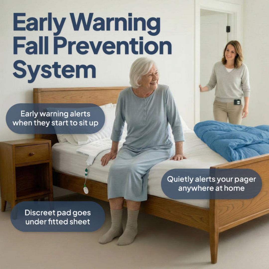 An older woman sits on a bed with a discreet pad while a caregiver stands nearby. Text highlights the SmartCaregiver Pager Bed/Chair Exit Alert & Systems, featuring an early warning fall prevention system with alerts and a caregiver pager.