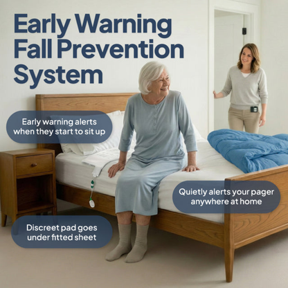 An older woman sits on a bed with a discreet pad while a caregiver stands nearby. Text highlights the SmartCaregiver Pager Bed/Chair Exit Alert & Systems, featuring an early warning fall prevention system with alerts and a caregiver pager.