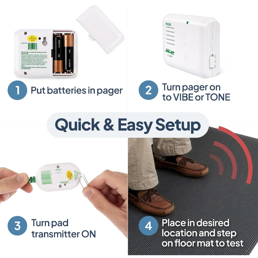 Four-step setup for the SmartCaregiver Pager Bed/Chair Exit Alert & Systems: insert batteries, set the caregiver pager to VIBE or TONE, turn on the transmitter, and place the mat on the floor; test by having a person step on the mat.