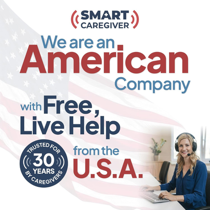 Smart Caregiver ad with a faded American flag background, text stating “We are an American company with free, live help from the USA,” a badge reading “Trusted for 30 years by caregivers,” and a happy woman wearing a headset at her computer. Featuring our SmartCaregiver Pager Bed/Chair Exit Alert & Systems, SmartCaregiver is dedicated to supporting families nationwide.