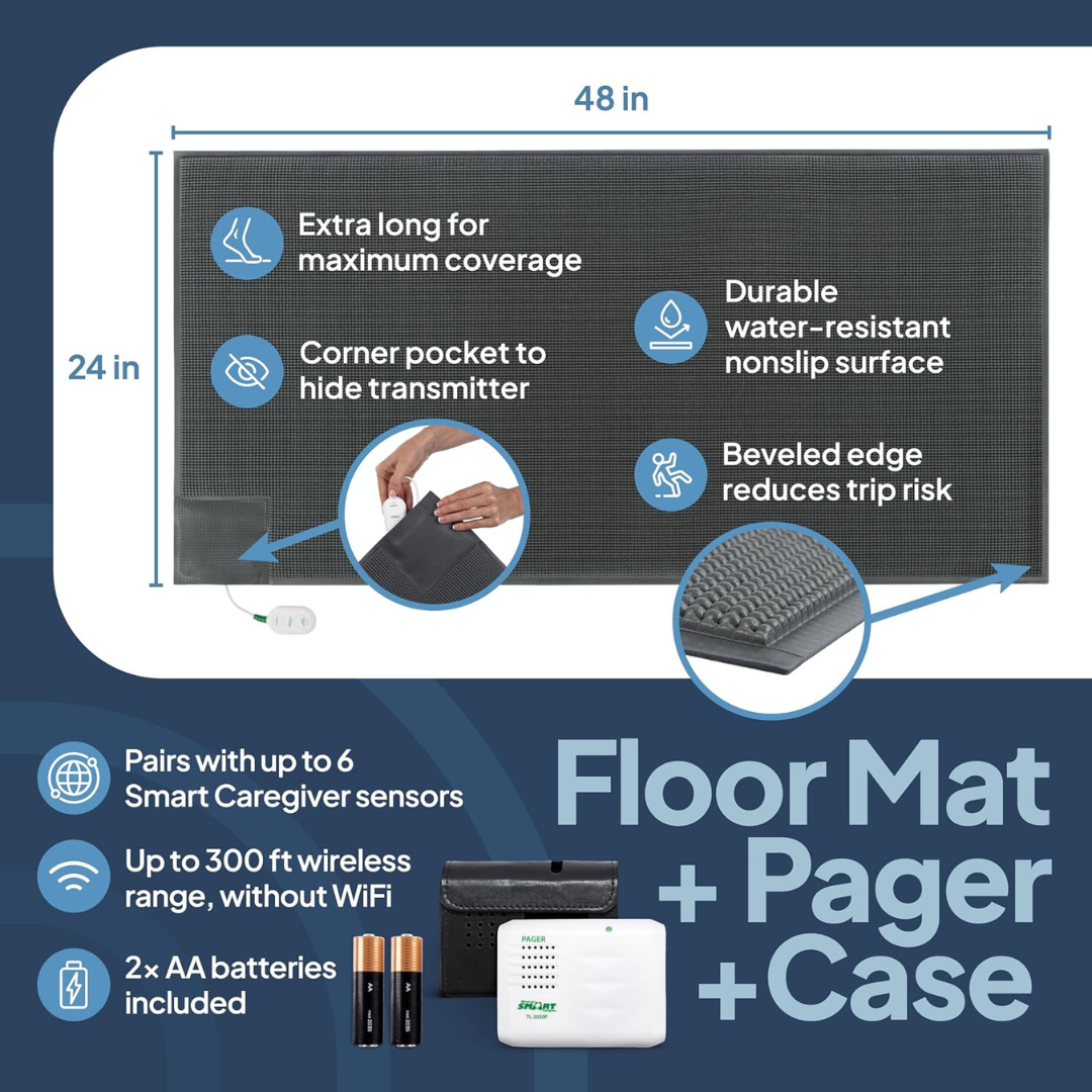 Introducing the SmartCaregiver Pager Bed/Chair Exit Alert & Systems—a rectangular gray floor mat featuring an extra-long 48 x 24 inch design, convenient corner pocket, water-resistant surface, nonslip construction, and beveled edge. This wireless bed exit alert system includes a caregiver pager, case, and batteries for added convenience. Easily pairs with sensors and offers a 300 ft range—no WiFi required.