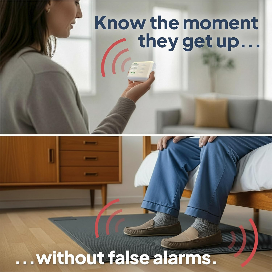 A person holds a SmartCaregiver Pager Bed/Chair Exit Alert & Systems device in a bedroom. Below, another individual sits on a bed with their feet on a mat. Text reads: Know the moment they get up... without false alarms, thanks to the reliable SmartCaregiver Pager Bed/Chair Exit Alert & Systems.
