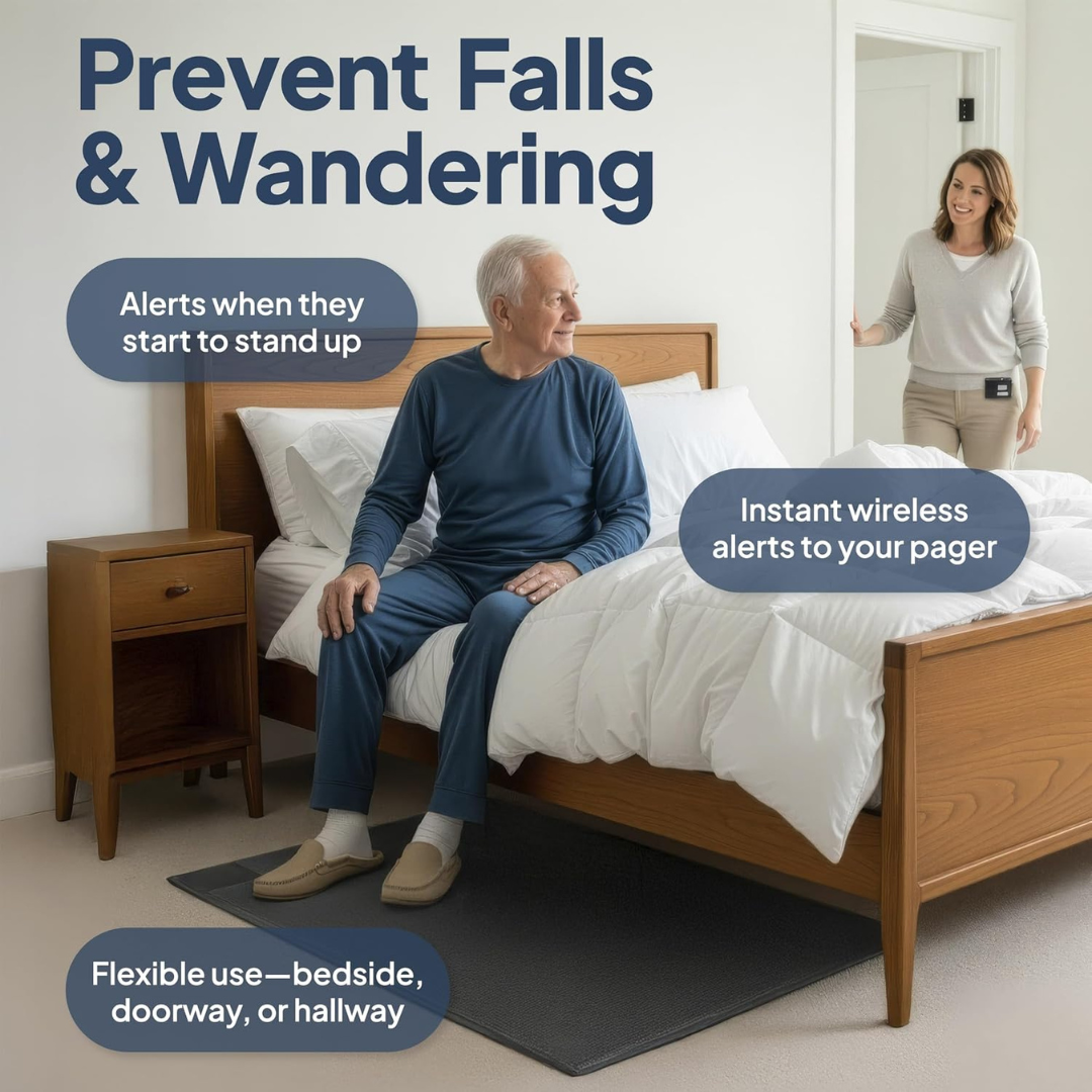 An older man sits on the edge of a bed, while a woman stands nearby smiling. Text highlights fall prevention alerts and wireless pager notifications from the SmartCaregiver Pager Bed/Chair Exit Alert & Systems, with a sensor mat placed beside the bed to ensure caregivers receive timely alerts.
