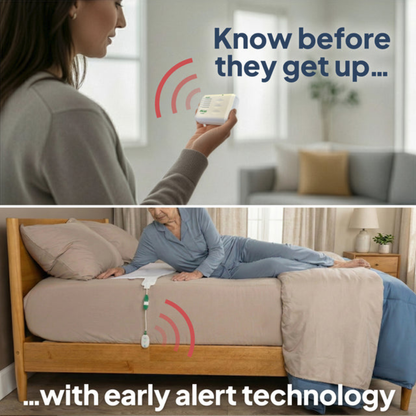 A woman holds a wireless alert device, while below, an elderly person sits on a bed connected to the SmartCaregiver Pager Bed/Chair Exit Alert & Systems sensor. Text reads: Know before they get up... with early alert technology and caregiver pager.