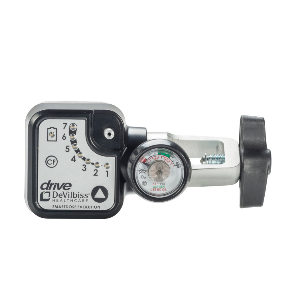 Drive SmartDose® Evolution™ Oxygen Conserver with a numbered dial, pressure gauge, and black adjustment knob. This compact portable oxygen conserver features auto-adjusting technology for optimal oxygen delivery.