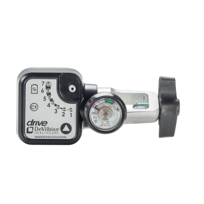 Drive SmartDose® Evolution™ Oxygen Conserver with a numbered dial, pressure gauge, and black adjustment knob. This compact portable oxygen conserver features auto-adjusting technology for optimal oxygen delivery.