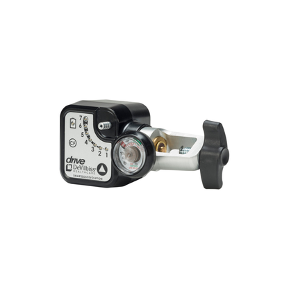 A close-up of a Drive SmartDose® Evolution™ Oxygen Conserver medical regulator with a gauge, black adjustment knob, and labeled control dial, set against a plain white background.