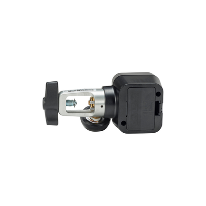 A black and silver trailer hitch lock is displayed on a white background, featuring a large locking mechanism and a keyhole, designed with the same reliability found in the Drive SmartDose® Evolution™ Oxygen Conserver.
