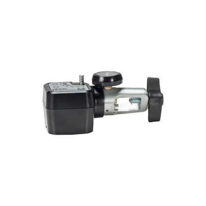 A close-up of the Drive SmartDose® Evolution™ Oxygen Conserver, a black and silver device featuring a knob and screw, resembling a compact sensor, isolated on a white background.