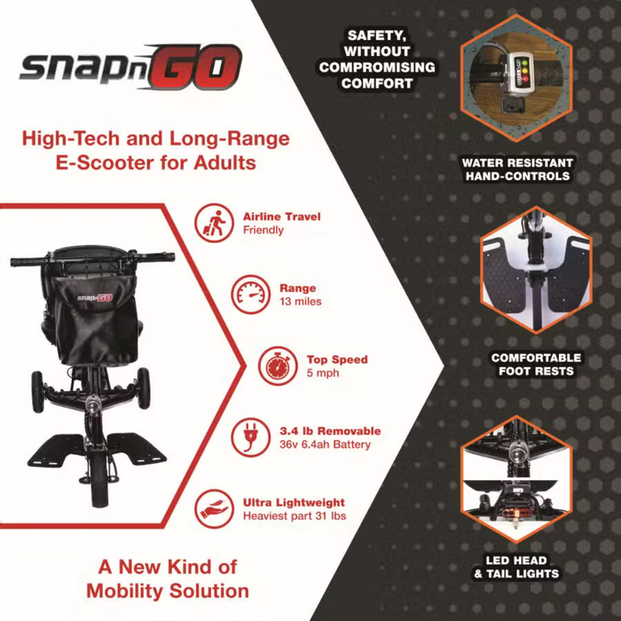 Discover the Glion SnapnGO Ultralight Folding Mobility Scooter—Airline Approved for modern travel. With a 13-mile range and 5 mph top speed, it weighs just 3.4 lbs. Enjoy water-resistant controls and LED lights for an enhanced ride experience.