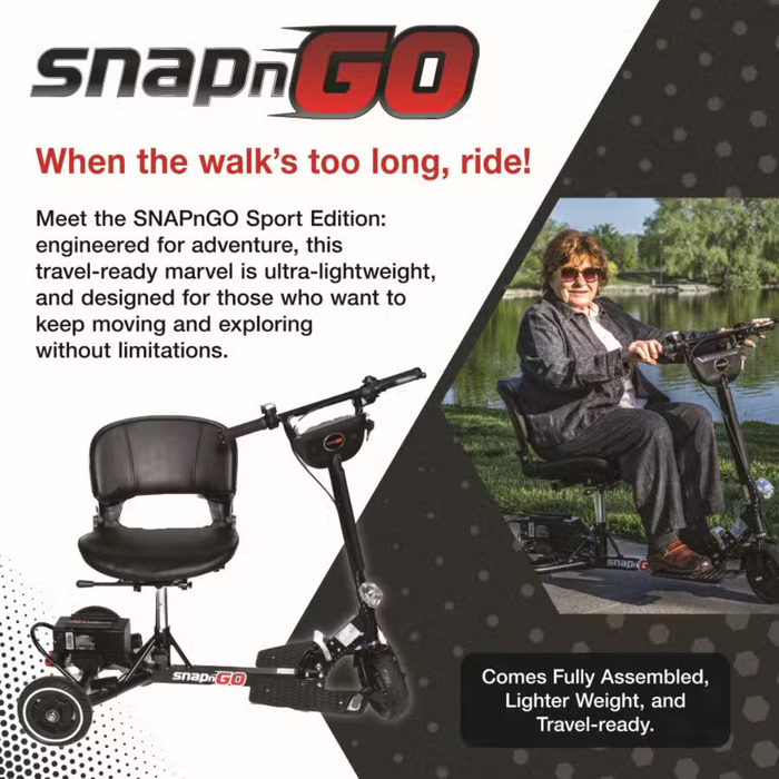 Advertisement for the Glion SnapnGO Ultralight Folding Mobility Scooter - Airline Approved. Features an elderly woman riding by a lake, showcasing its ultralight design. Travel-ready with three speed settings, its perfect for limitless exploration. Includes image of the lightweight scooter.