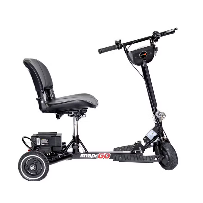 The Glion SnapnGO Ultralight Folding Mobility Scooter is black and compact, featuring a cushioned seat, handlebars, and three wheels. It offers three speeds and includes a small, detachable battery beneath the seat for convenience. It is also airline approved.