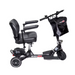 The Glion SnapnGO Ultralight Folding Mobility Scooter, airline approved, is a compact and lightweight three-wheeler featuring a cushioned seat, armrests, handlebars, and a small black front basket. Its sleek design with SNAPnGO branding offers three speed settings for versatile use.