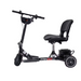 The Glion SnapnGO Ultralight Folding Mobility Scooter in black is airline approved, boasts three wheels, padded seat and backrest, handlebars, a front light, and a rear-mounted battery box. Its lightweight design includes three speed settings for enhanced comfort and convenience.