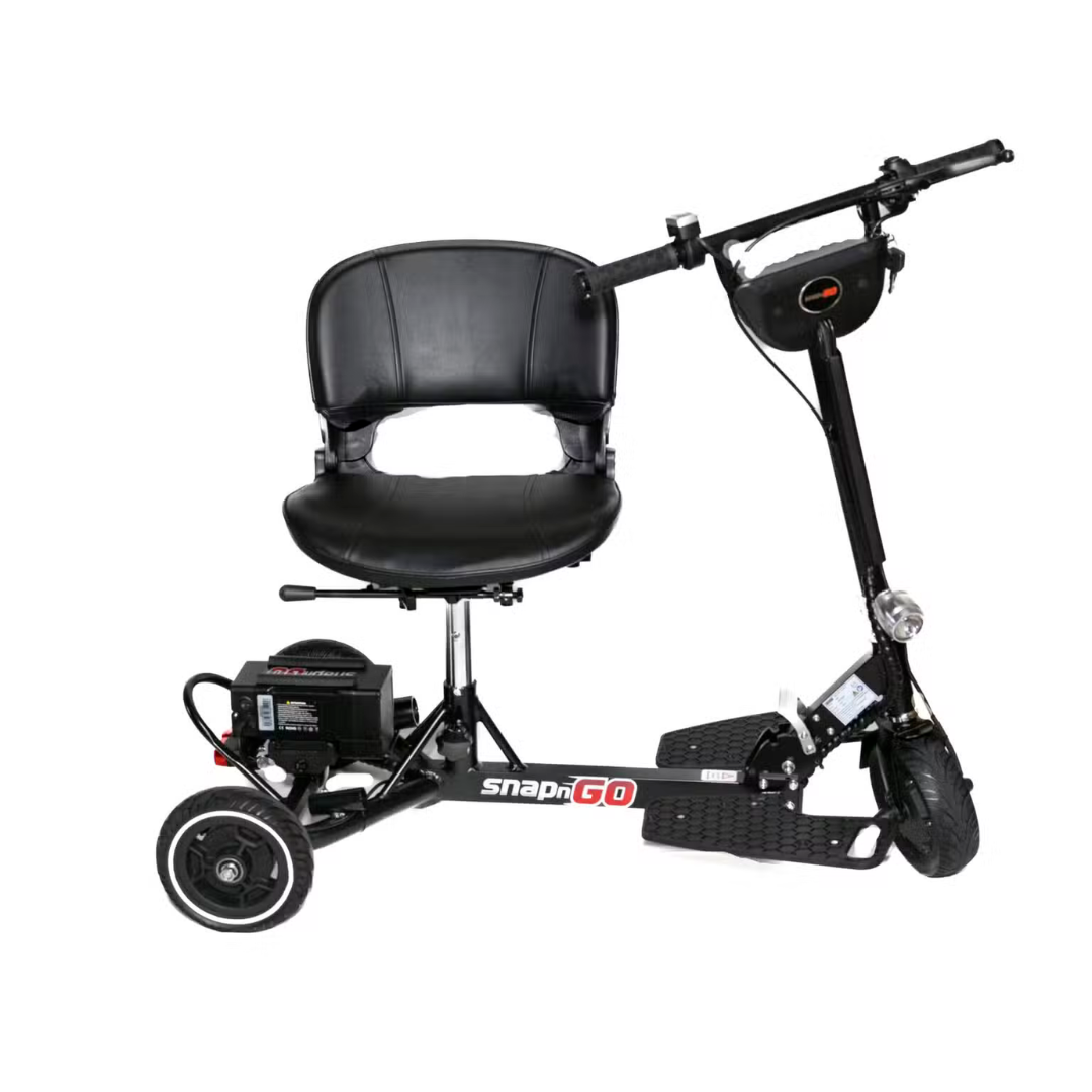 The Glion SnapnGO Ultralight Folding Mobility Scooter, airline approved and compact in black, features a comfortable seat, handlebars, three wheels, three speed settings, and a rear storage compartment for convenience.