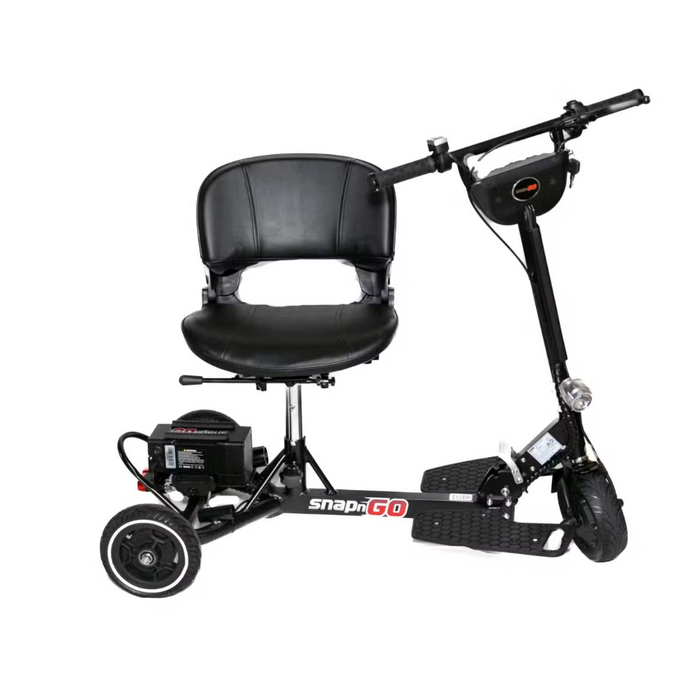 The Glion SnapnGO Ultralight Folding Mobility Scooter, airline approved and compact in black, features a comfortable seat, handlebars, three wheels, three speed settings, and a rear storage compartment for convenience.