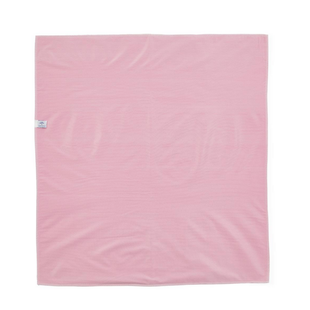 The Medline Sofnit 300 Reusable Underpads (Case of 24) feature a soft, light pink rectangular design with smooth edges, a slightly textured surface, and a small white tag on the left edge for comfort-focused use.