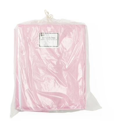 The Medline Sofnit 300 Reusable Underpads (Case of 24) come folded in a clear plastic bag with a white label and string tie; pink in color, they feature white-stitched edges for comfort and added durability.