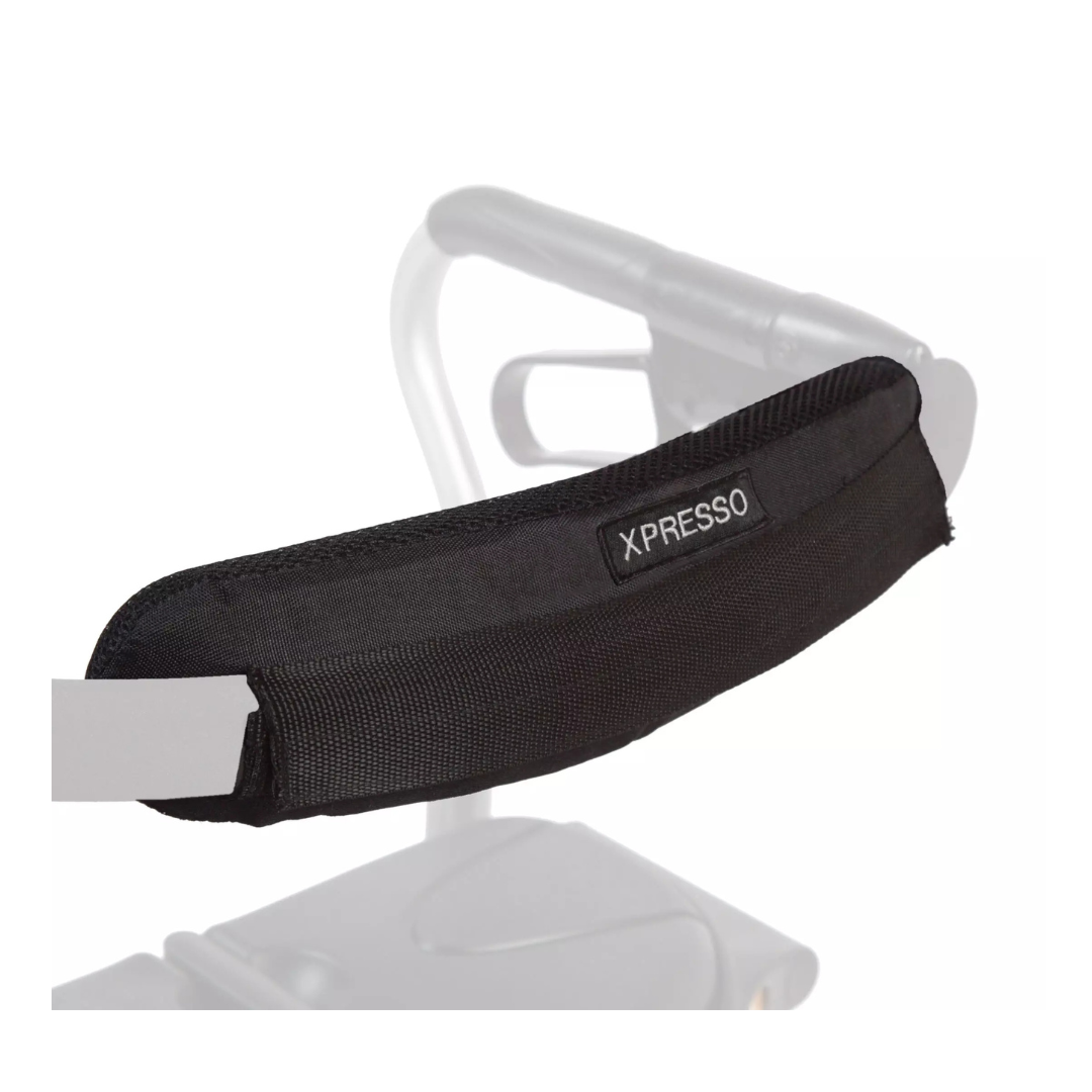 A close-up of a Soft Back Pad for Evolution Xpresso Series Rollators, featuring a black padded cover labeled XPRESSO attached to the handlebar, shown against a white background.