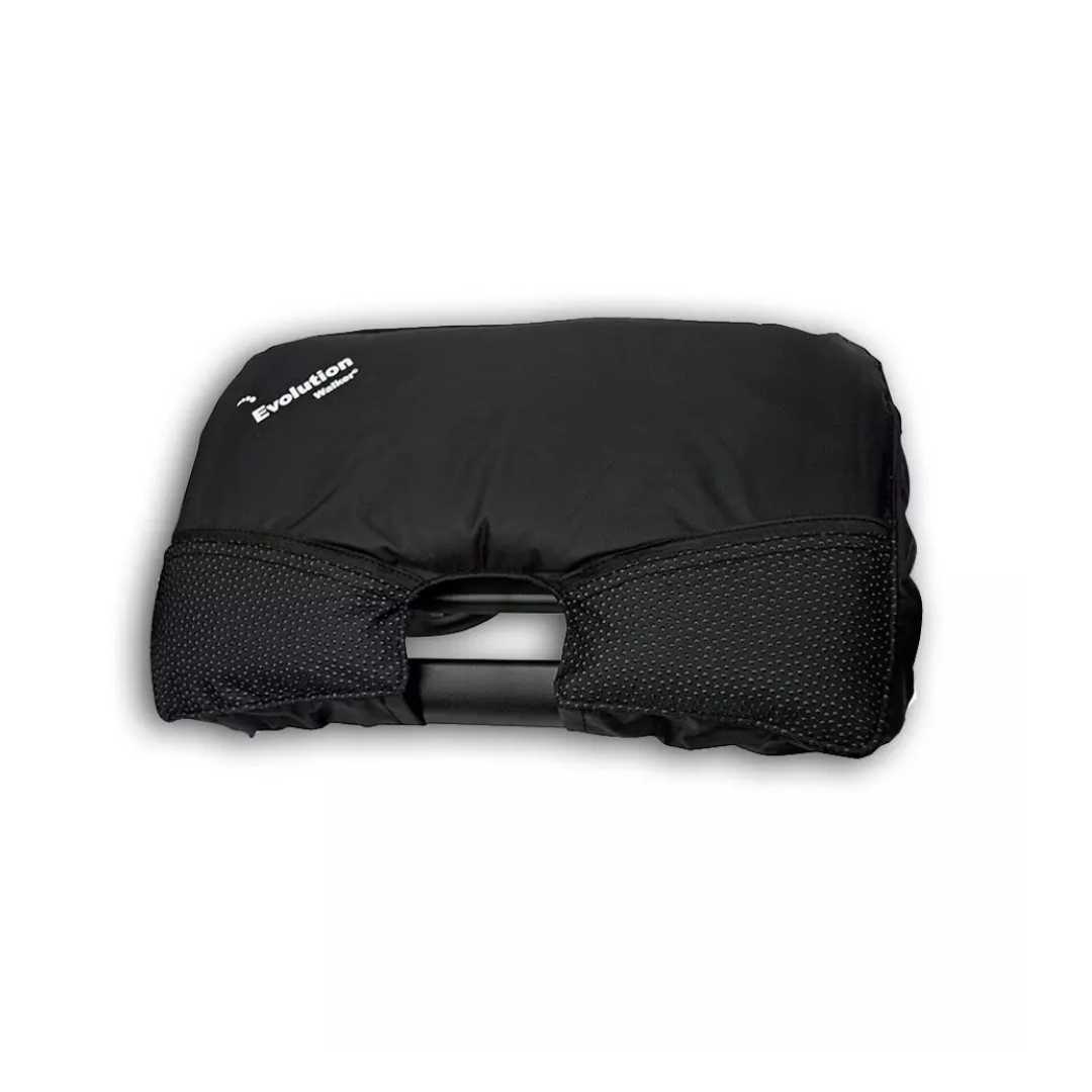 A black Soft Seat Cushion for Evolution Rollators with a center cutout, mesh side panels, and "Evolution" printed on the top left. This ergonomic accessory adds comfort and support to your rollator.