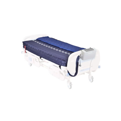 A hospital bed with the Rhythm Softcaire Simple Digital w/ EC Mattress in dark blue, featuring an alternating pressure air mattress overlay and connected control unit, shown on a white background.