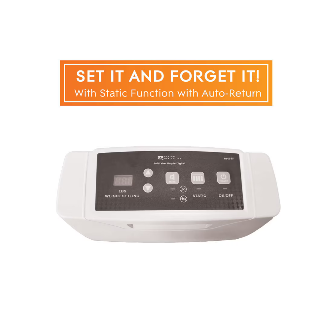 The Rhythm Softcaire Simple Digital w/ EC Mattress features a digital control panel with Weight Setting, Static, and On/Off buttons. An orange banner above reads: SET IT AND FORGET IT! With Static Function with Auto-Return.