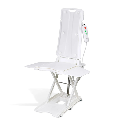 The SolutionBased BathLyft is a white, battery-powered bathtub lift chair with a tall backrest, foldable seat, and corded remote—designed to assist users with safe, comfortable bathing.