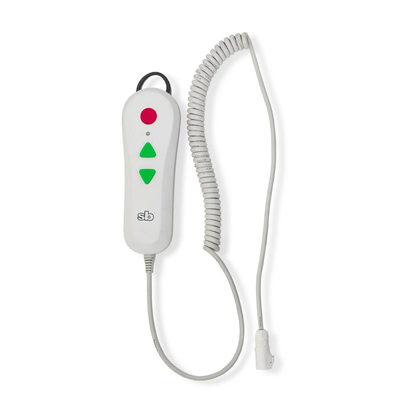The SolutionBased BathLyft handheld remote is white with a coiled cord, one large red circular button, two green triangular buttons, and a small red indicator light for the battery-powered bathtub lift chair.