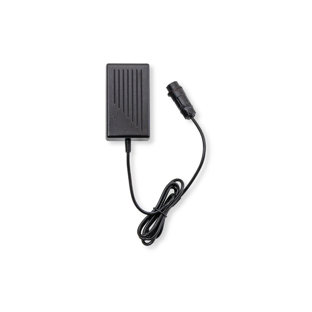 The SolutionBased BathLyft black power adapter features a rectangular box and long cable with a cylindrical plug, shown on a white background—perfect for charging the BathLyft and enhancing bath safety.