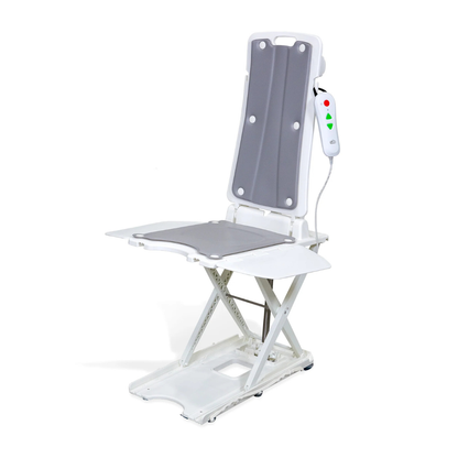 The SolutionBased BathLyft is a white and gray, battery-powered bathtub lift chair with a high backrest, foldable seat, side flaps, and an attached handheld remote control with green and red buttons.