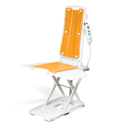 The SolutionBased BathLyft is a white and orange battery-powered bathtub lift chair with a high backrest, armrests, and attached wired remote, designed to assist individuals with mobility challenges during bathing.