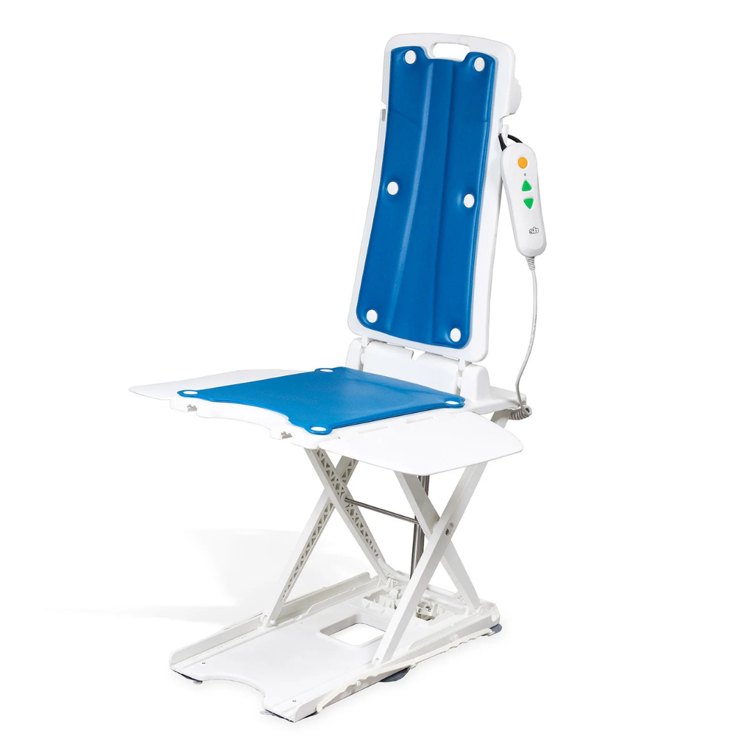 The SolutionBased BathLyft is a blue and white, battery-powered lift chair with a high backrest, foldable seat, and corded handheld control, designed to help people with limited mobility get in or out of the bathtub.