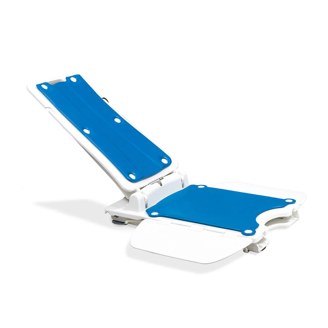The SolutionBased BathLyft is a white and blue battery-powered bathtub lift chair with a reclining backrest and flat seat, designed to help individuals with limited mobility safely get in and out of the tub.